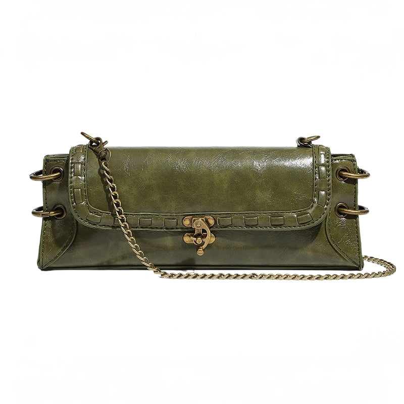Luxe Chain Carry women's green vegan leather clutch bag with brass chain strap and hardware