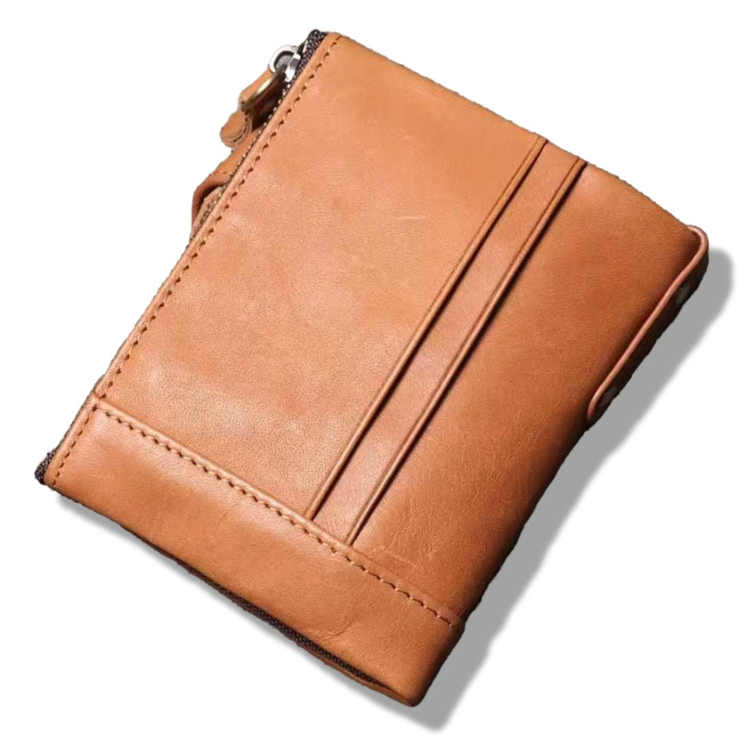 Heritage Fold luxury wallet in brown retro oil wax genuine leather back view with visible upscale stitching top zipper and external slot displayed against white background showcasing sleek silhouette refined detailing and practical everyday luxury durable utility
