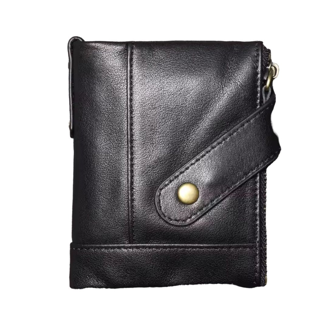 Heritage Fold wallet in luxury black retro oil wax genuine leather with fold over flap snap button closure top corner zipper and visible edge stitching showcasing sleek silhouette rich patina compact size and secure everyday durable luxury utility