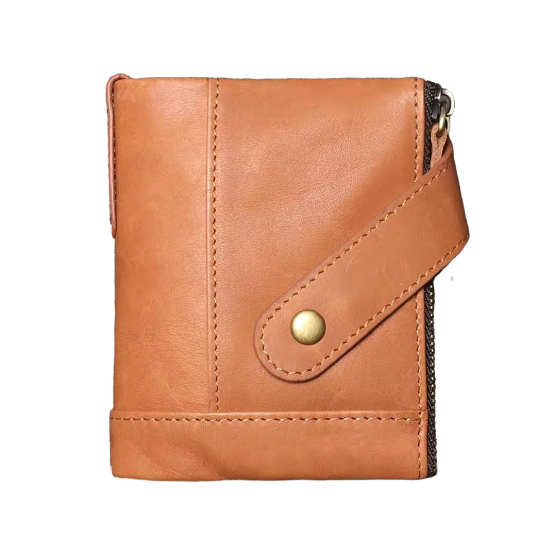 Heritage Fold luxury wallet in coffee brown coffee retro oil wax genuine leather with fold over flap snap button closure textured lower panel and visible stitching showcasing classic upscale craftsmanship rich patina compact size and secure everyday durable utility