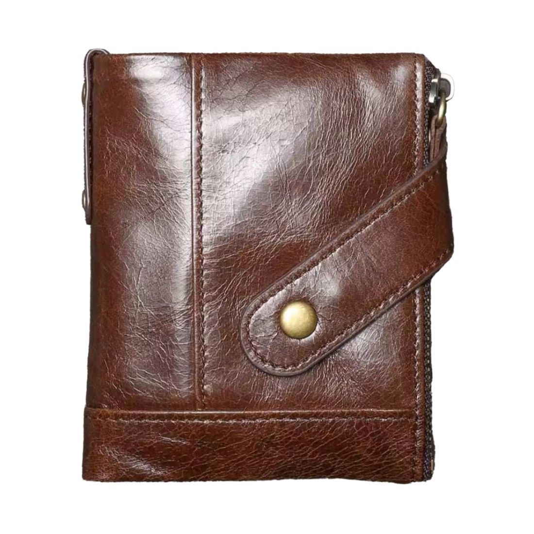 Heritage Fold luxury wallet in coffee brown coffee retro oil wax genuine leather with fold over flap snap button closure textured lower panel and visible stitching showcasing classic upscale craftsmanship rich patina compact size and secure everyday durable utility