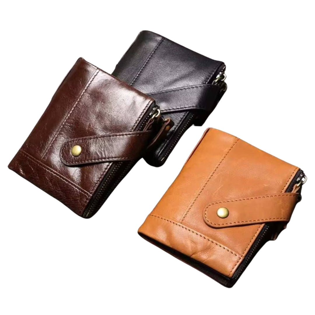 Heritage Fold luxury wallet in coffee black and brown retro oil wax genuine leather with fold over flap metal snap button and zippered compartment showcasing elegant classic craftsmanship rich patina compact size and timeless everyday upscale functionality