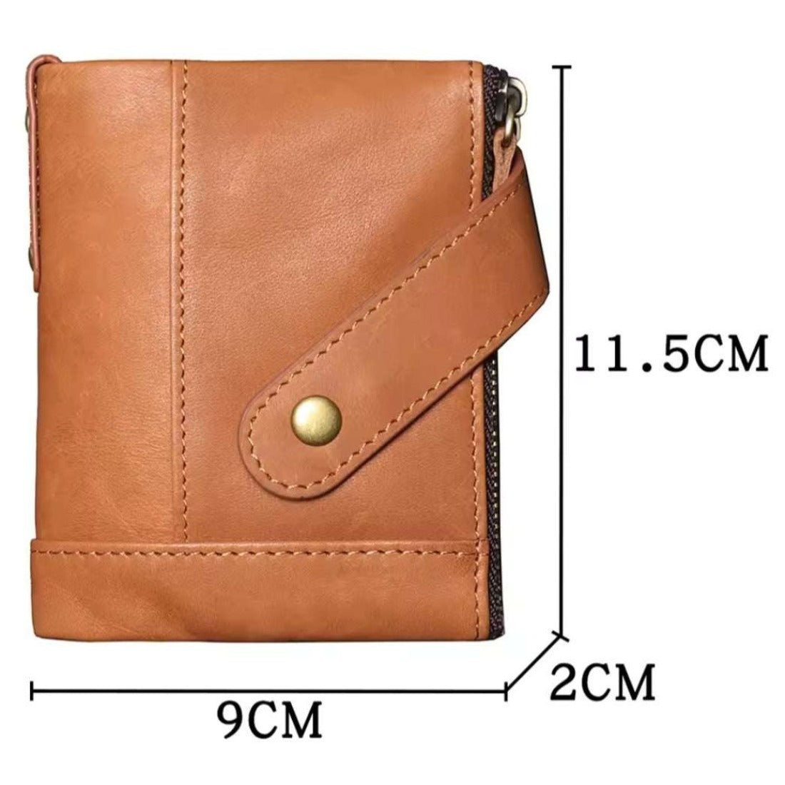 Heritage Fold luxury wallet in brown retro oil wax genuine leather with fold over flap snap button closure and top corner zipper displayed against white background with labeled dimensions showcasing classic craftsmanship sleek silhouette and everyday pocket friendly scale