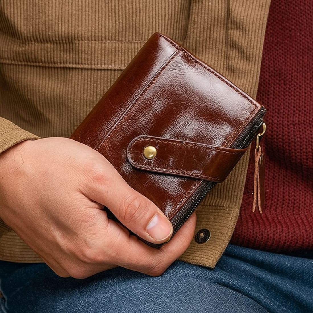 Heritage Fold luxury wallet in dark brown coffee retro oil wax genuine leather with elegant wraparound strap and brass button held by model showcasing classic craftsmanship rich patina and practical everyday styling