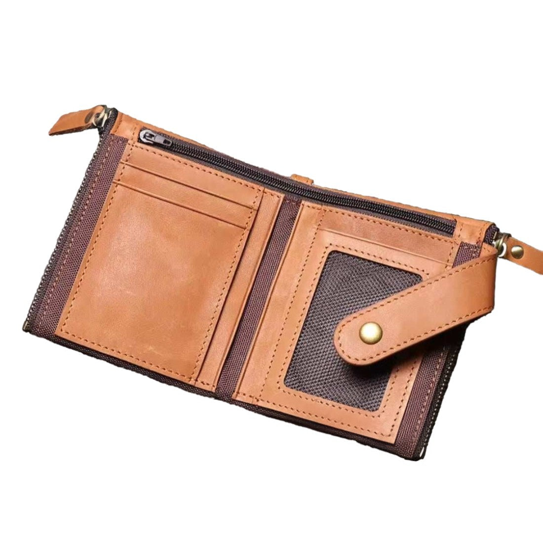 Heritage Fold luxury wallet in brown retro oil wax genuine leather shown open with multiple card slots transparent id slot zippered coin pocket and snap button strap showcasing classic craftsmanship smart interior layout and secure everyday durable upscale utility