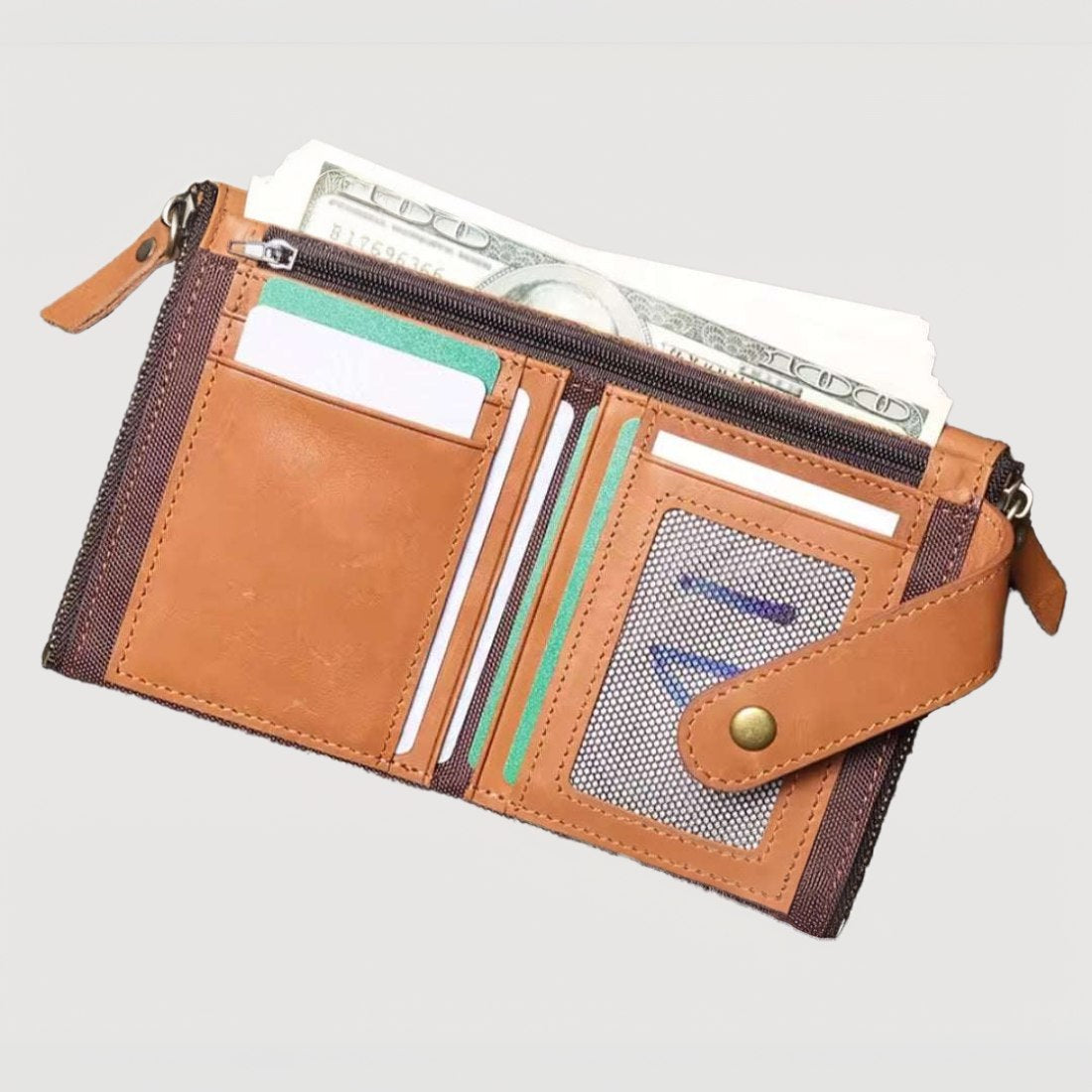 Heritage Fold luxury wallet in brown retro oil wax genuine leather shown fully open with multiple card slots mesh id window zippered coin pocket and paper currency section filled with cards and bills showcasing smart interior layout upscale craftsmanship and practical everyday utility