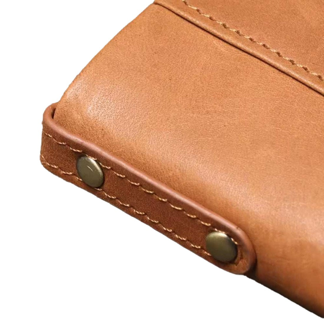 Heritage Fold luxury wallet in brown retro oil wax genuine leather showing folded corner with two brass rivets visible stitching and smooth texture showcasing classic craftsmanship durable construction and upscale timeless everyday utility