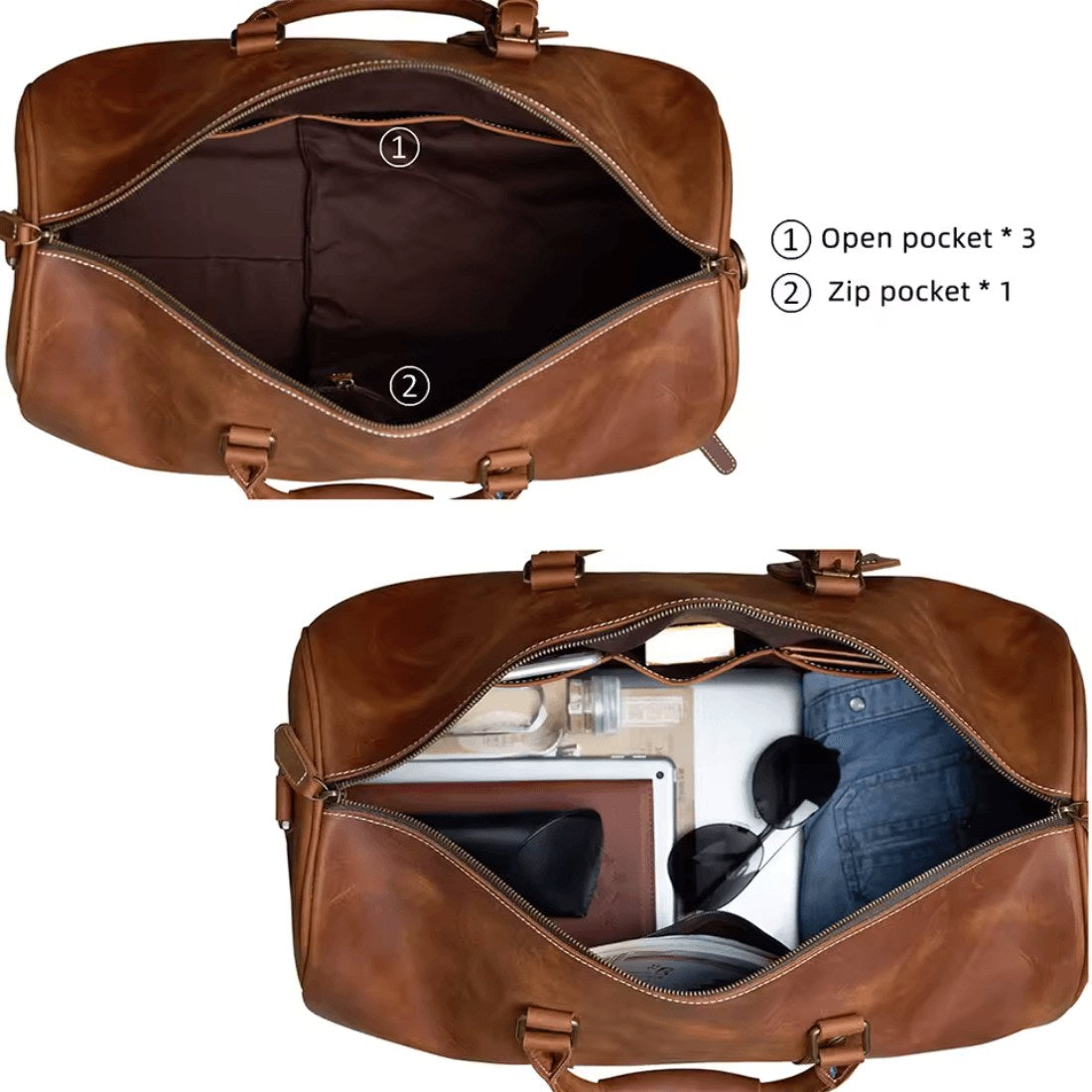 Heritage Leather Weekender in luxury brown thick vintage genuine leather shown in top view with labeled interior features including three open pockets and one zippered pocket plus packed view with laptop headphones book and clothing showcasing upscale organization spacious capacity and classic travel ready design