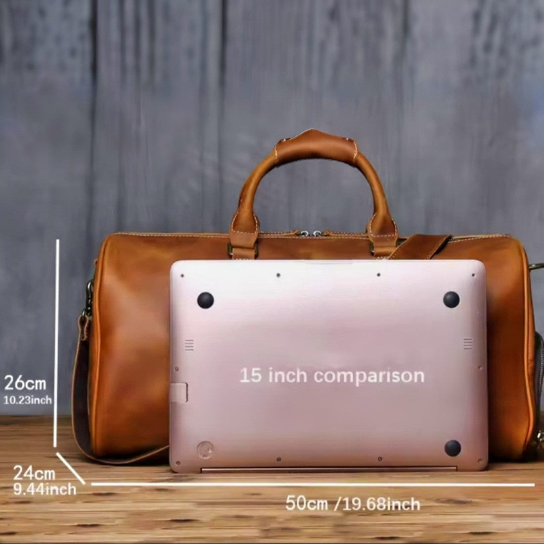 Heritage Leather Weekender in brown thick luxury vintage genuine leather with structured duffel silhouette dual top handles detachable shoulder strap and visible luggage tag with 15 inch laptop in front and labeled dimensions showcasing classic craftsmanship upscale detailing spacious interior and travel ready scale reference