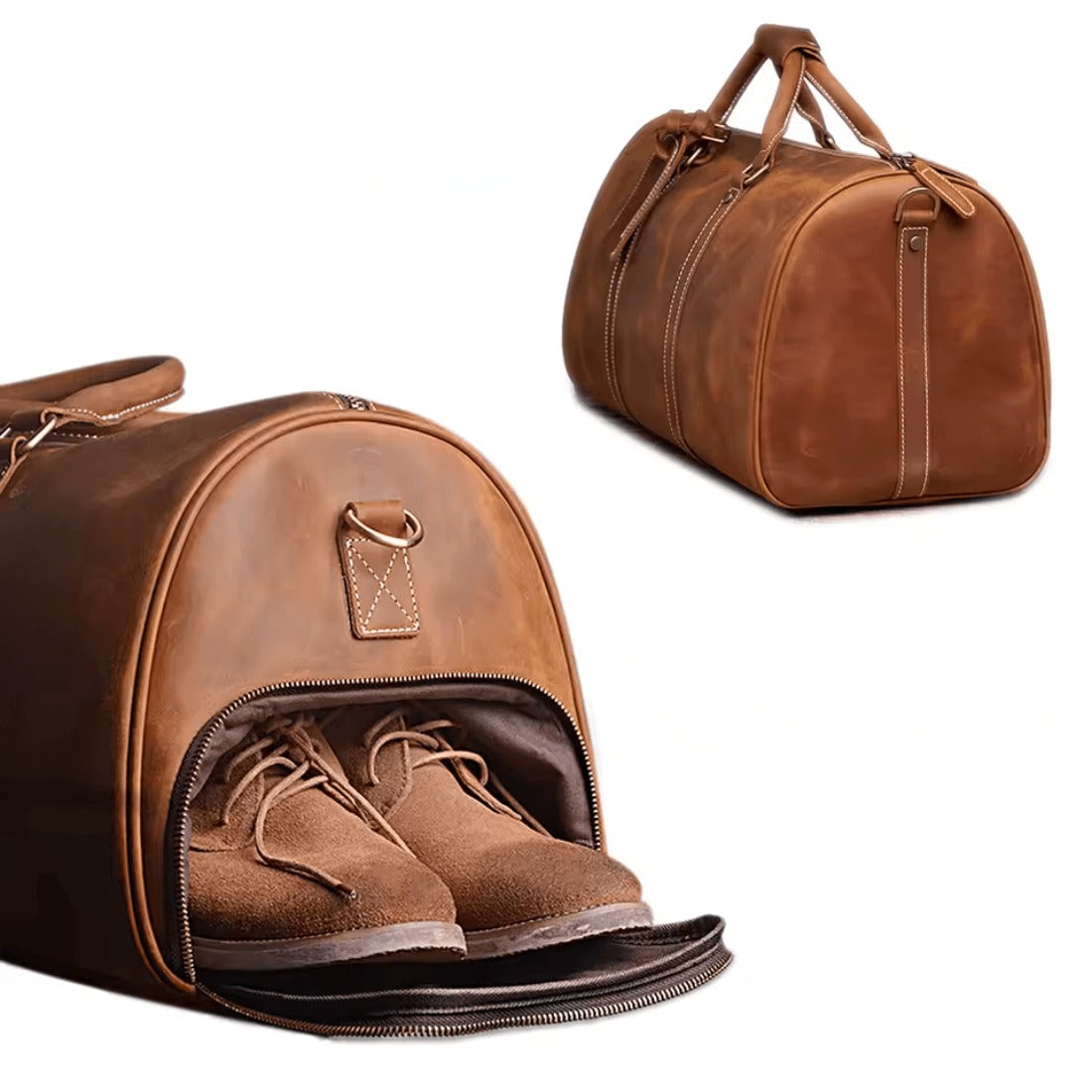 Heritage Leather Weekender in brown thick luxury vintage genuine leather shown in full view and open side compartment with pair of brown shoes inside displayed showcasing classic craftsmanship premium organization dedicated shoe storage and upscale timeless travel ready design