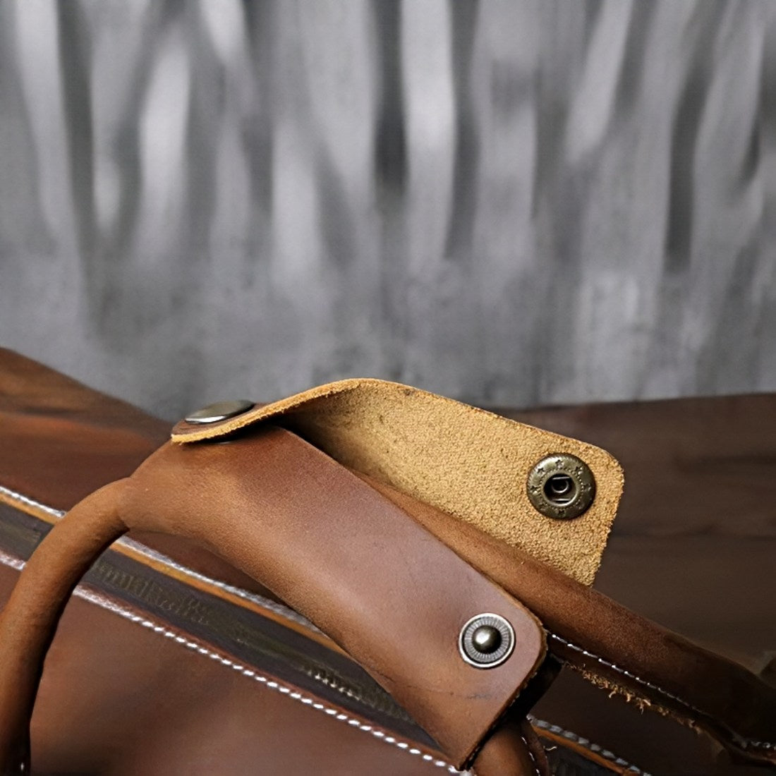 heritage leather weekender close up brown mens leather duffel bag brass rivets mens leather travel bag mens weekend bag mens overnight bag leather carry on bag