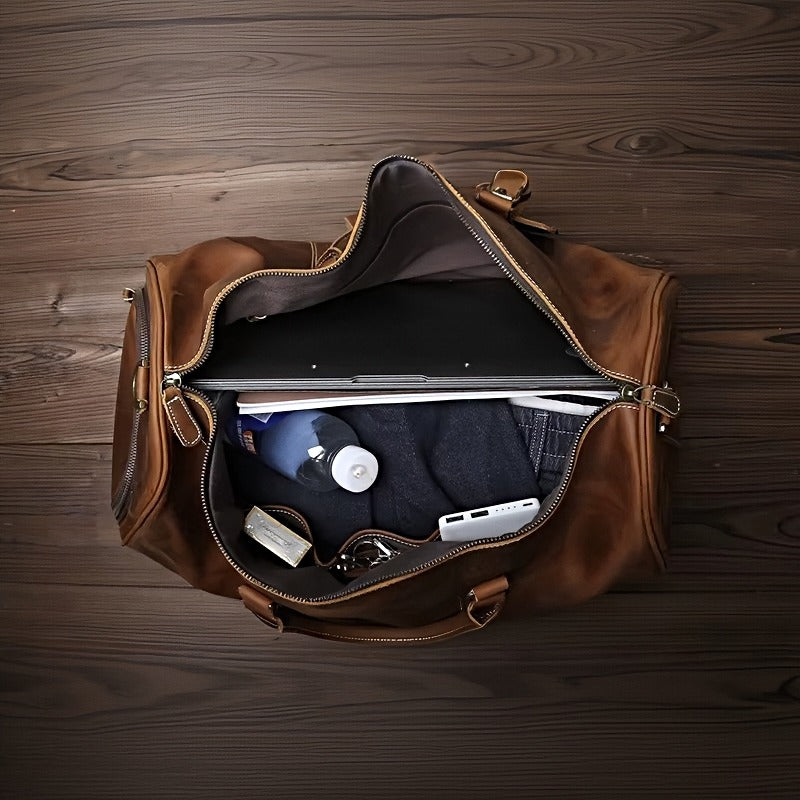 heritage leather weekender brown mens luxury leather duffel bag open inside mens leather travel bag mens weekend bag mens overnight bag leather carry on bag