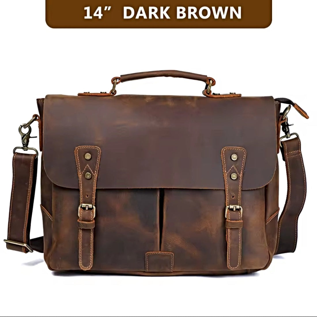 Heritage Legacy Carry messenger bag in dark brown genuine crazy horse leather with distressed finish top handle adjustable removable shoulder strap and front buckle closures showcasing compact vintage styling and upscale everyday utility