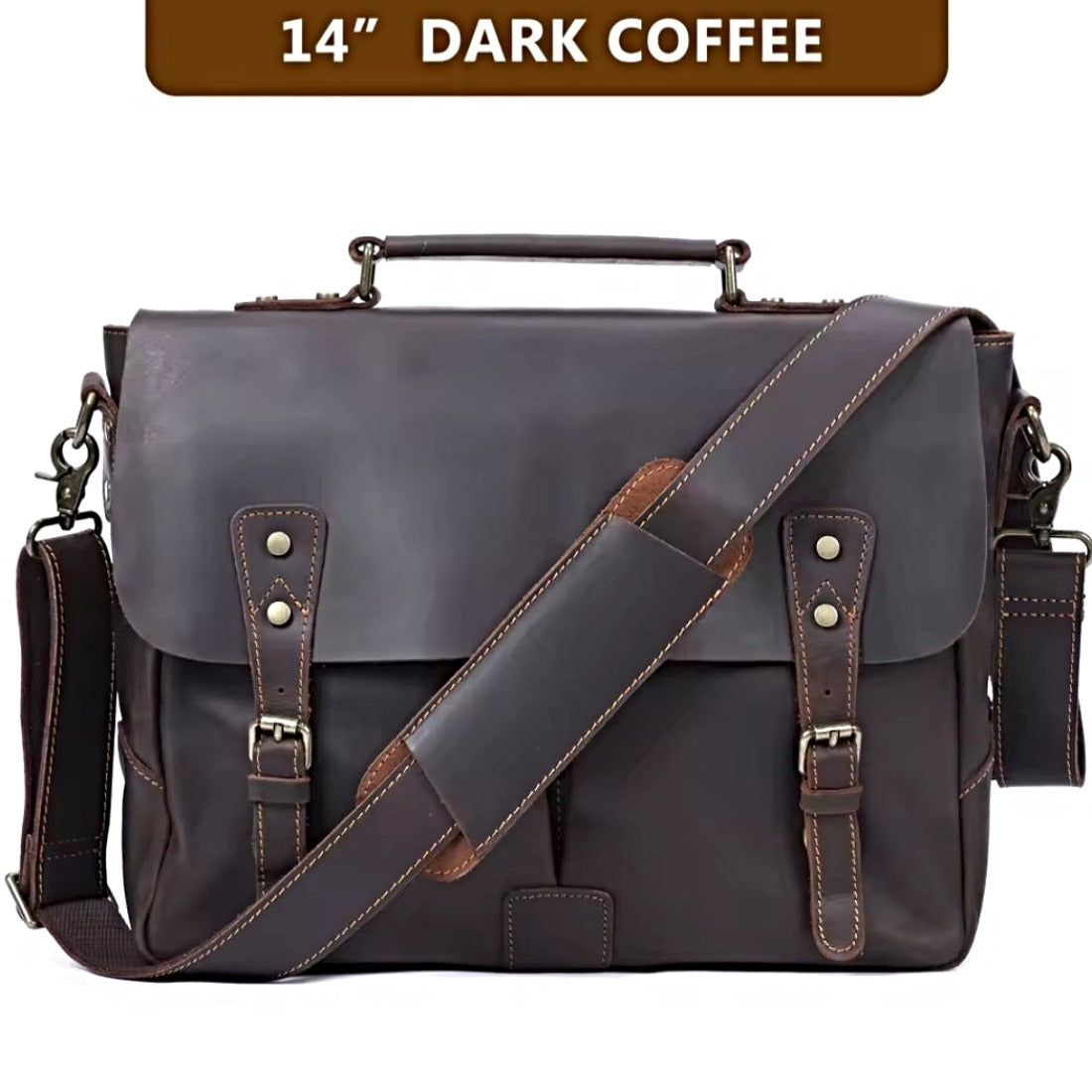 Heritage Legacy Carry messenger bag in dark coffee genuine crazy horse leather with distressed finish top handle adjustable removable shoulder strap and front buckle closures showcasing compact vintage styling and upscale everyday utility