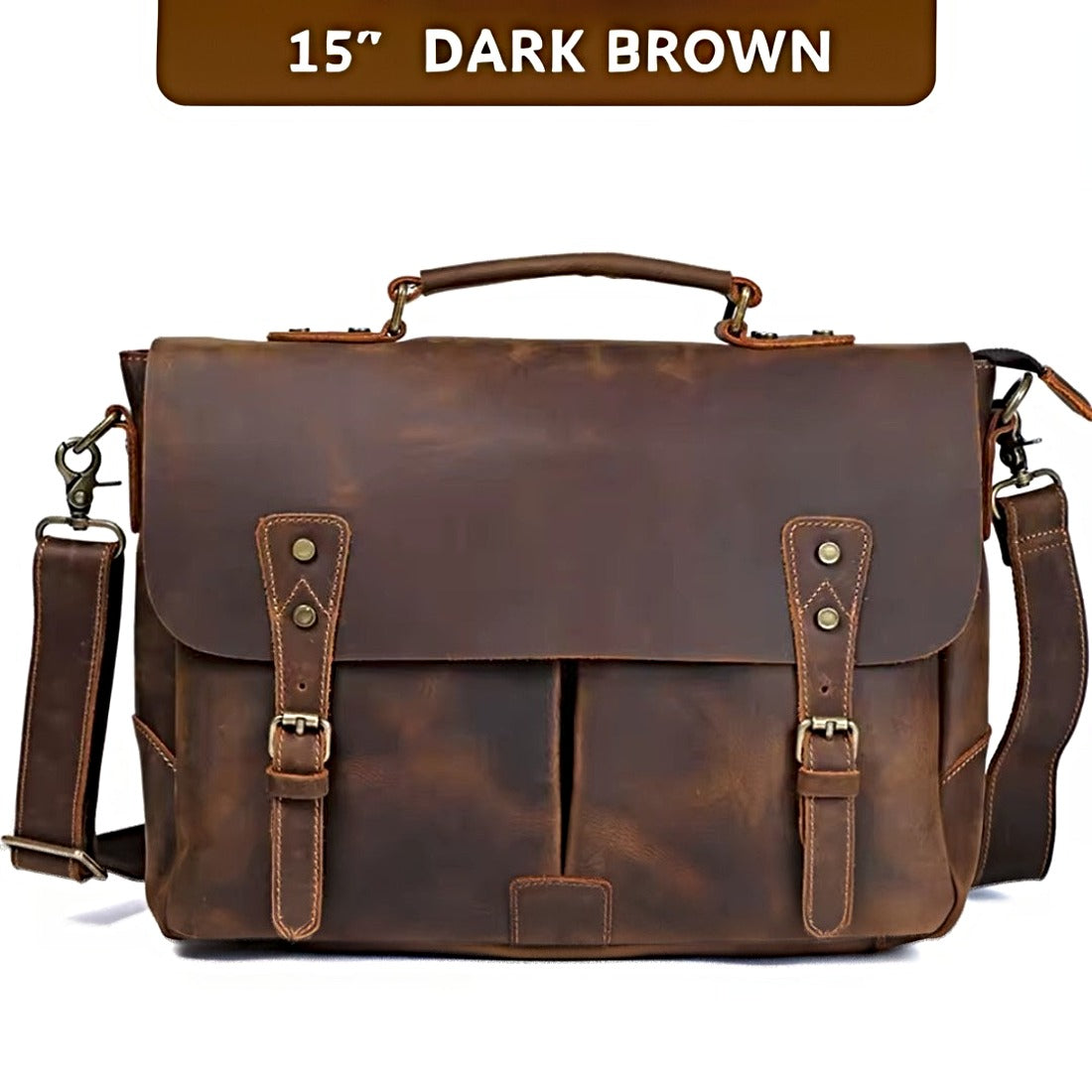 Heritage Legacy Carry messenger bag in dark brown genuine crazy horse leather with distressed finish top handle removable adjustable shoulder strap and front buckle closures showcasing spacious vintage styling and upscale everyday utility