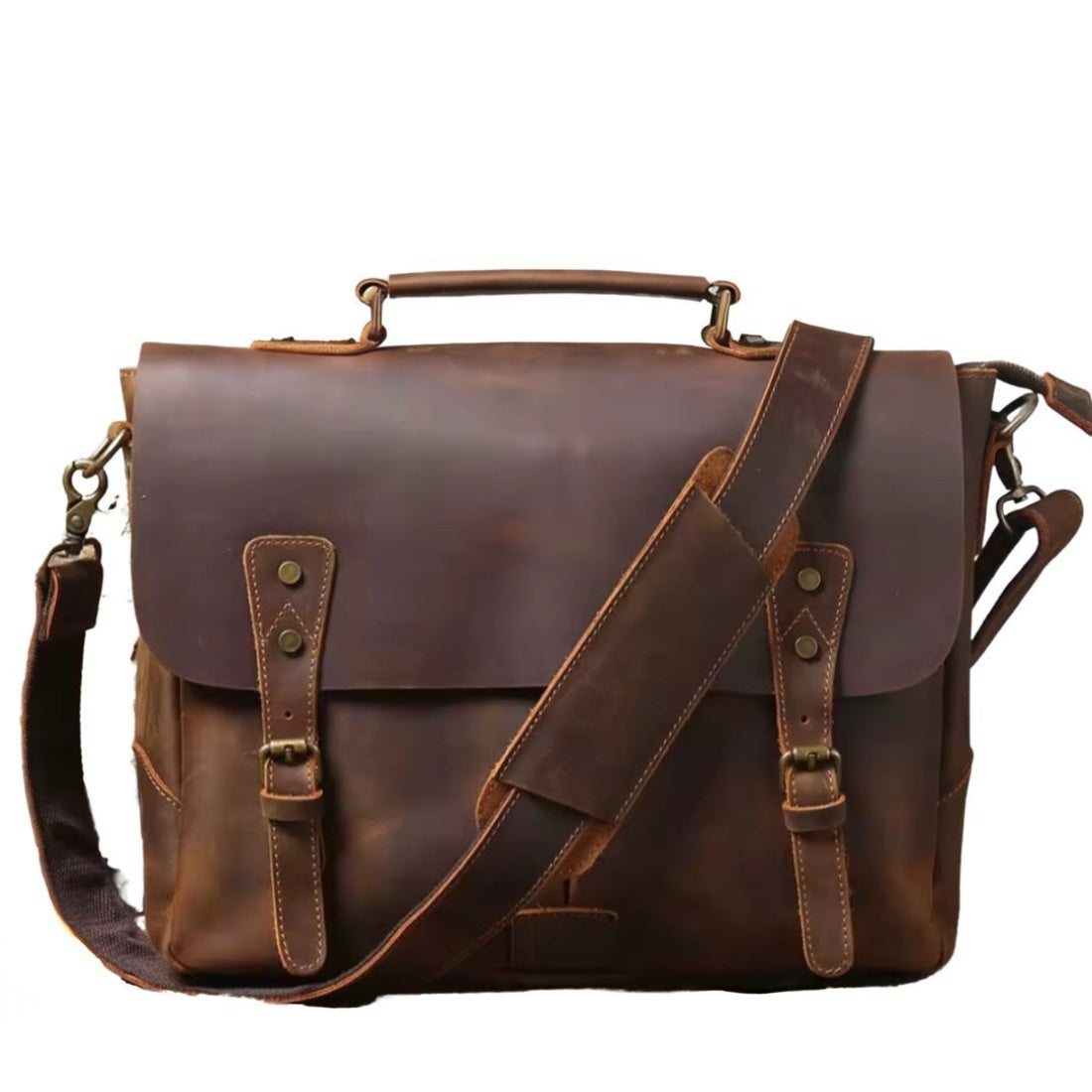 Heritage Legacy Carry messenger bag in brown genuine crazy horse leather with distressed finish top handle detachable adjustable shoulder strap and front buckle closures showcasing vintage craftsmanship and upscale everyday utility