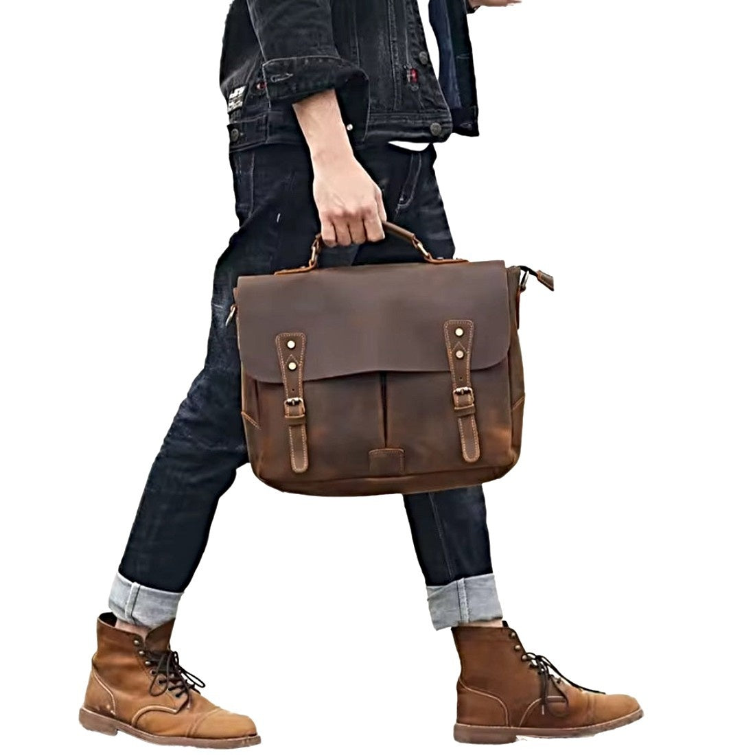 Heritage Legacy Carry messenger bag in brown genuine crazy horse leather with distressed finish held by hand showcasing rugged elegance and vintage styling in everyday movement