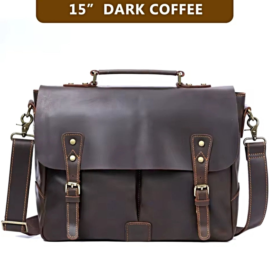 Heritage Legacy Carry messenger bag in dark coffee genuine crazy horse leather with distressed finish top handle removable adjustable shoulder strap front buckle closures and side pockets showcasing spacious vintage styling and upscale everyday utility