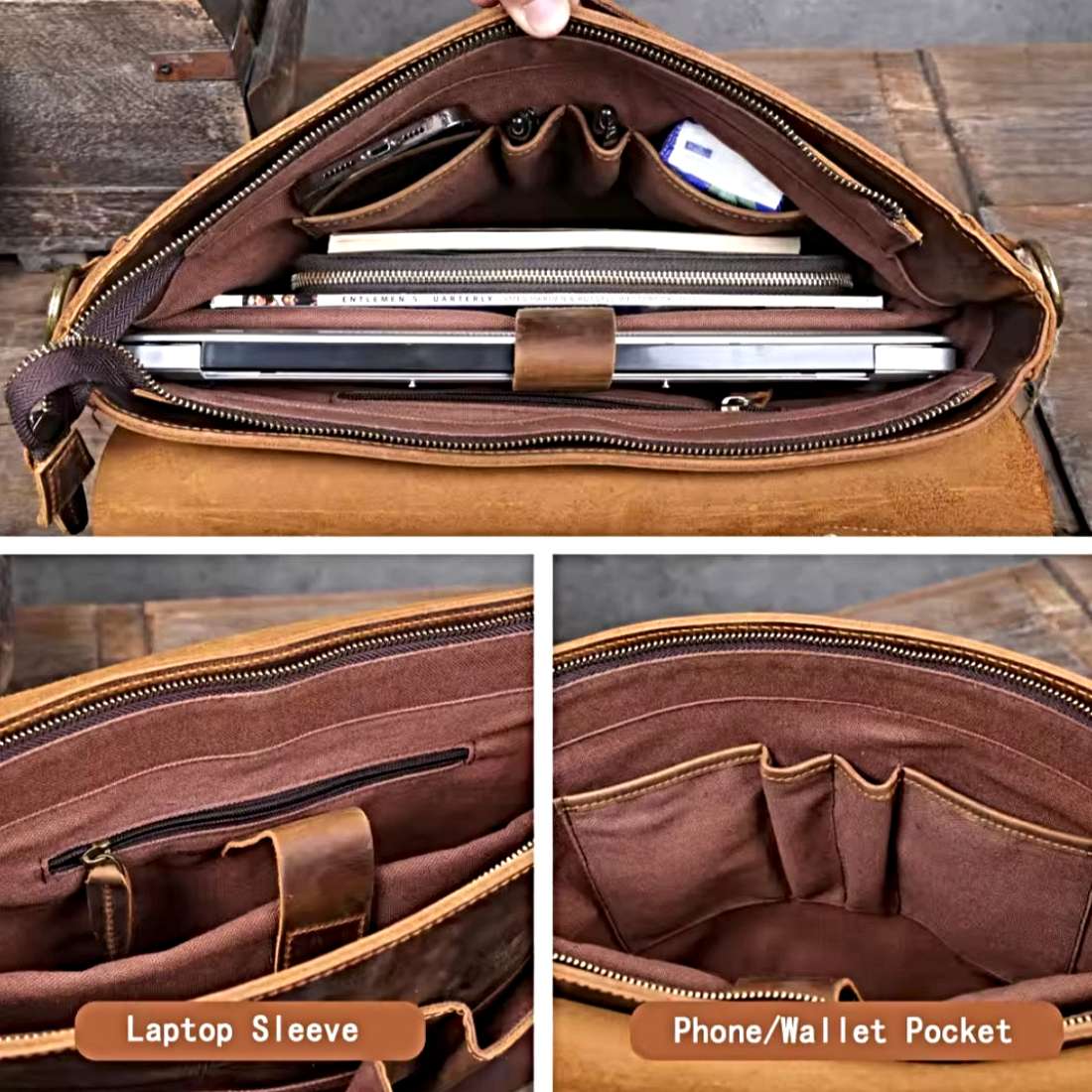 Heritage Legacy Carry messenger bag in brown genuine crazy horse leather shown open with padded laptop sleeve phone and wallet pockets and organized compartments containing laptop pen and accessories showcasing upscale interior layout and functional durable vintage design