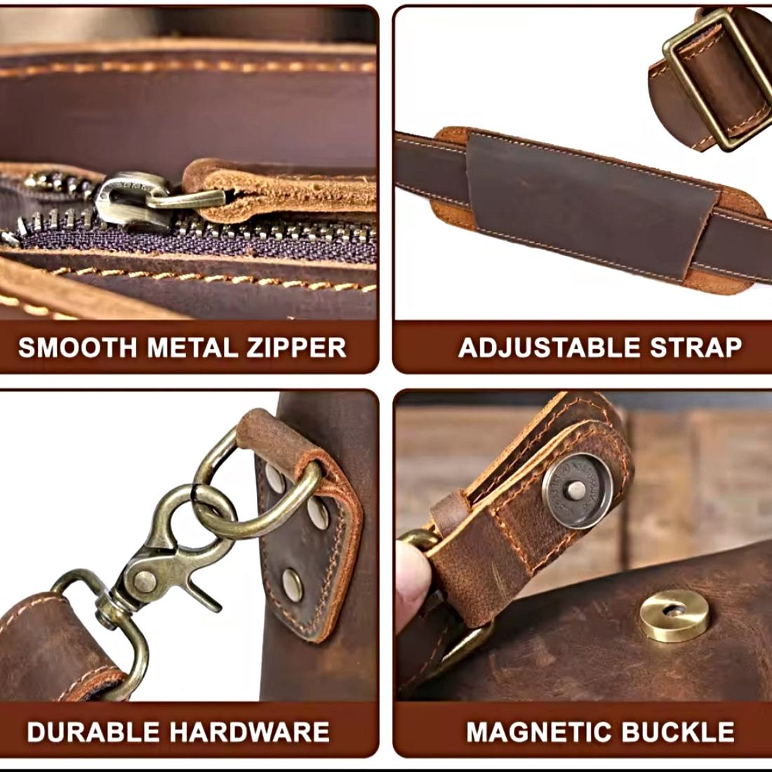 Heritage Legacy Carry in brown genuine crazy horse leather shown in four close up views featuring smooth metal zipper removable adjustable strap durable hardware and magnetic buckle showcasing rugged craftsmanship and upscale functional detailing
