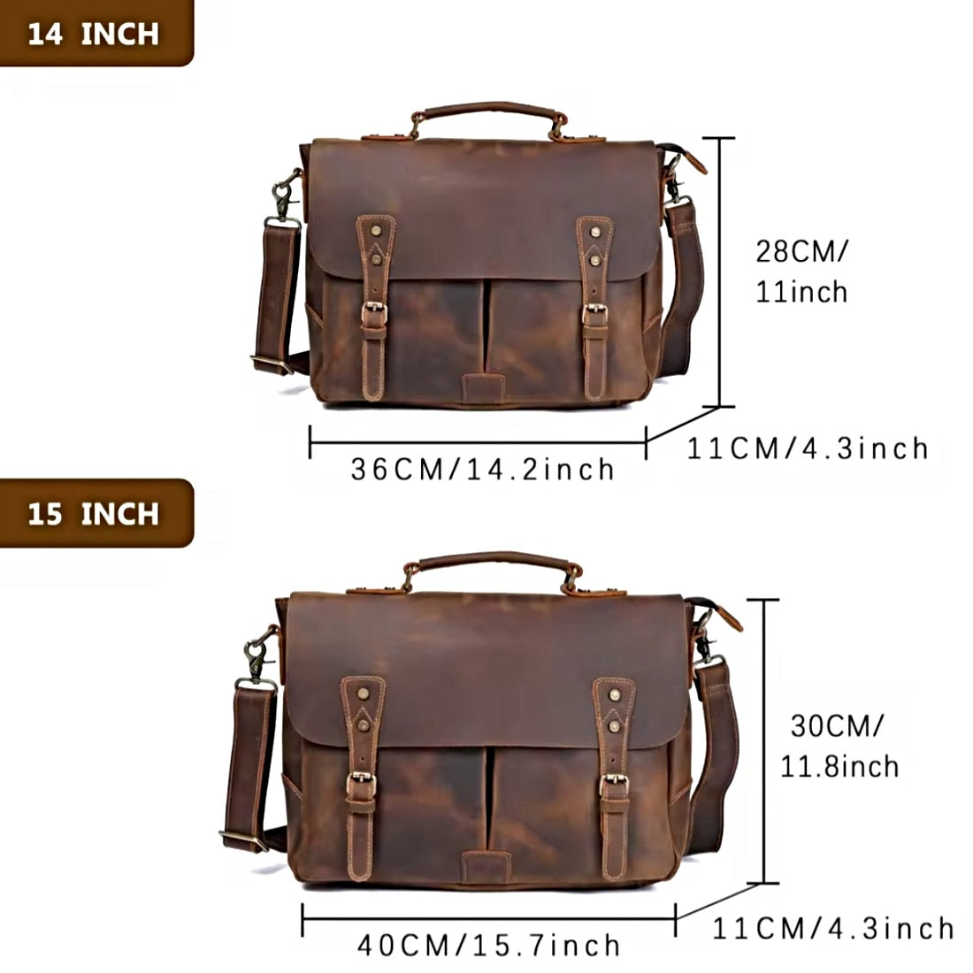 Heritage Legacy Carry messenger bag in brown genuine crazy horse leather with distressed finish top handle detachable adjustable shoulder strap and front buckle closures showcasing vintage craftsmanship and upscale everyday utility
