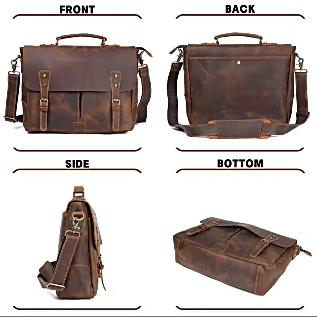 Heritage Legacy Carry in brown genuine crazy horse leather shown from front back side and bottom angles featuring top handle detachable adjustable shoulder strap front buckle closures rear zipper pocket and reinforced base showcasing full silhouette and durable vintage craftsmanship