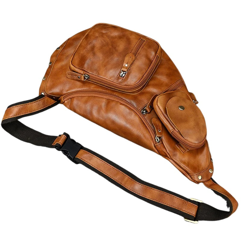 Heritage Nomad Sling men's leather crossbody bag in brown with multiple zip pockets and coin pouch