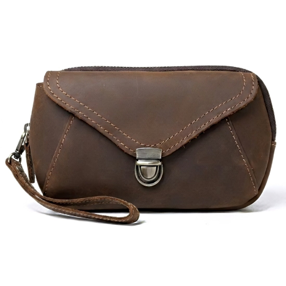 Heritage Utility Carry men's brown crazy horse leather wristlet clutch bag with silver clasp and visible stitching 