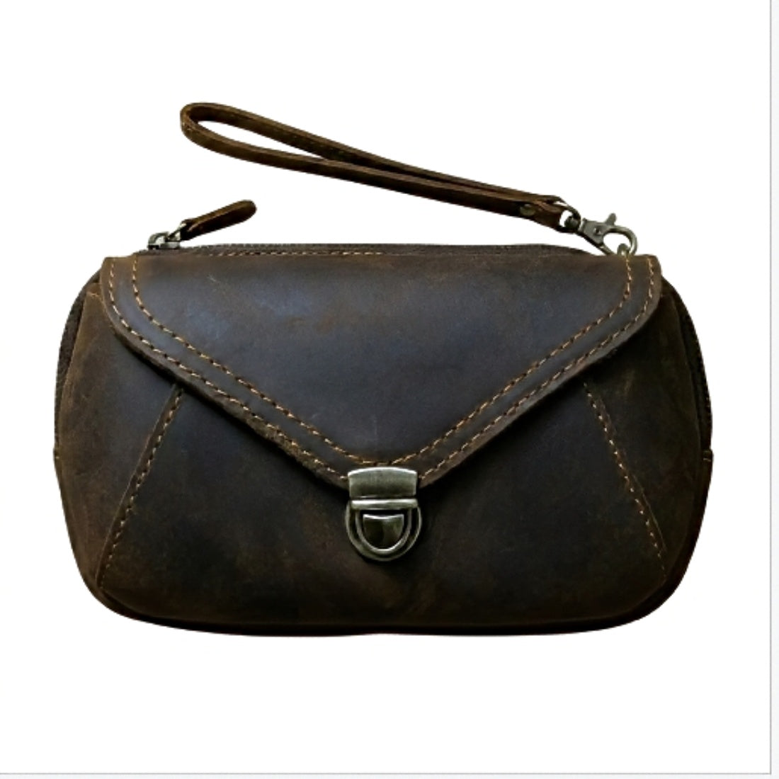 Heritage Utility Carry men's brown crazy horse leather wristlet clutch and crossbody bag with silver clasp and visible stitching