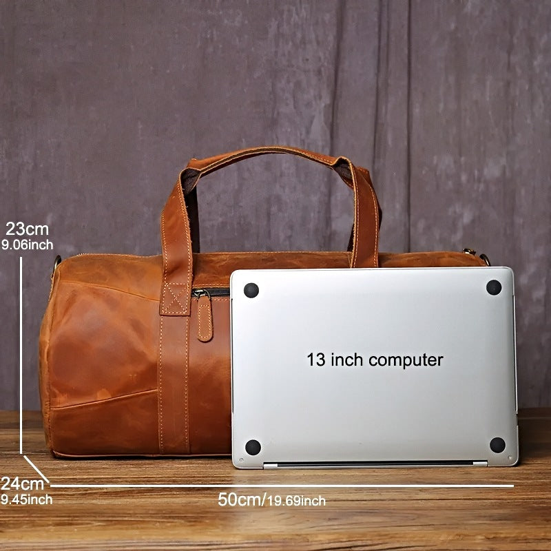 horizon leather carry mens brown leather travel duffel bag next to a 13-inch laptop with measurements