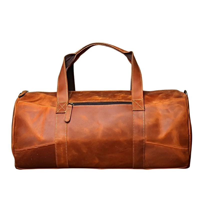 horizon leather carry mens brown leather travel duffel bag with an adjustable removable shoulder strap showcasing zip pocket