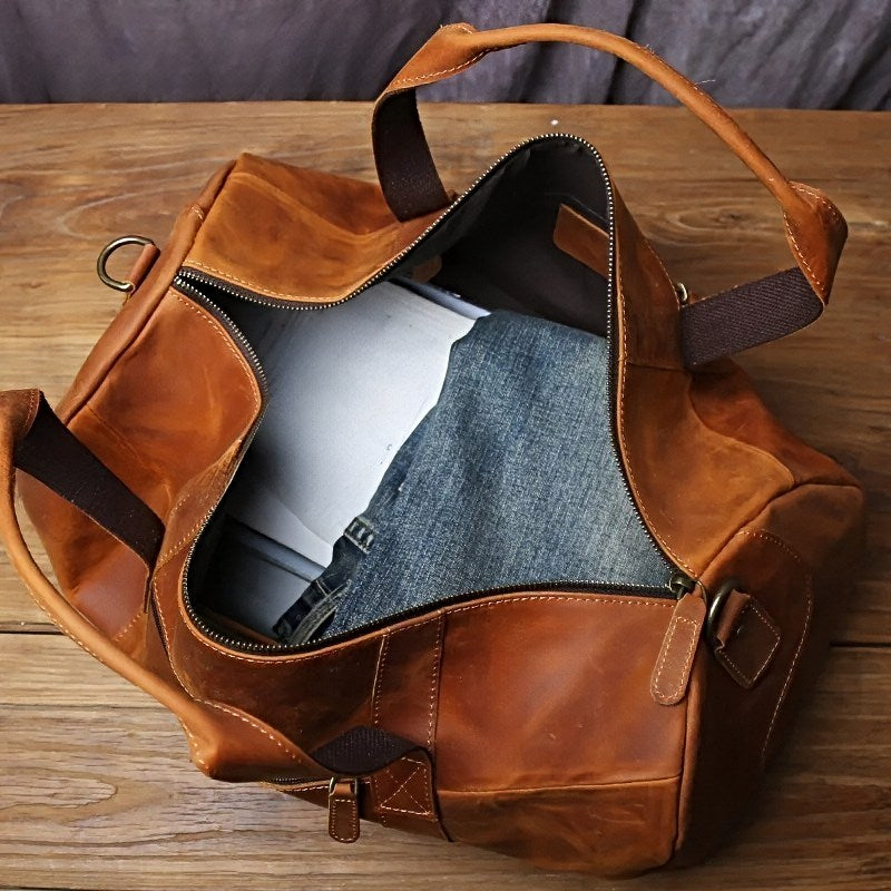 horizon leather carry mens brown leather travel duffel bag with packed open interior