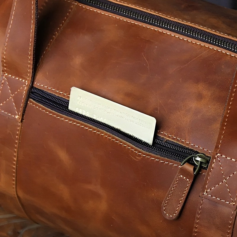 horizon leather carry mens brown leather travel duffel bag with exterior zip pocket