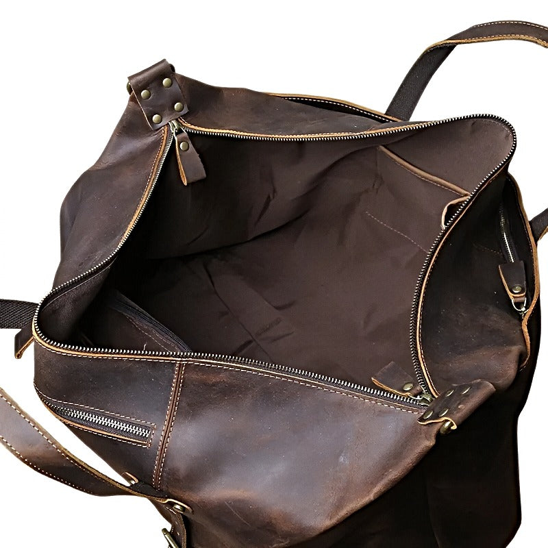 Inside brown landmark leather weekender duffle travel bag with brass zipper