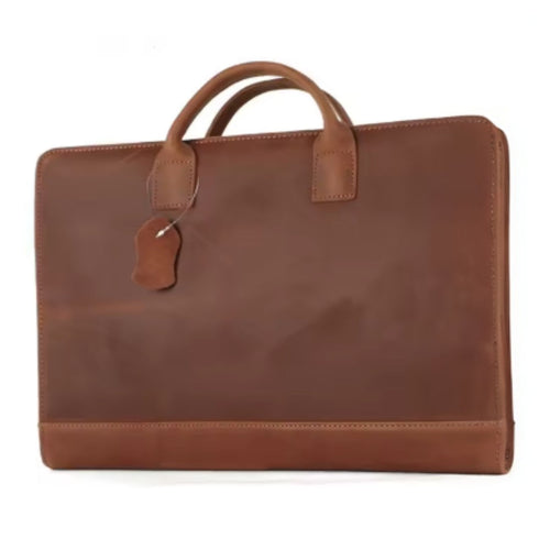 Heritage Ledger Brief brown full grain vintage leather mens business briefcase premium slim laptop bag front view