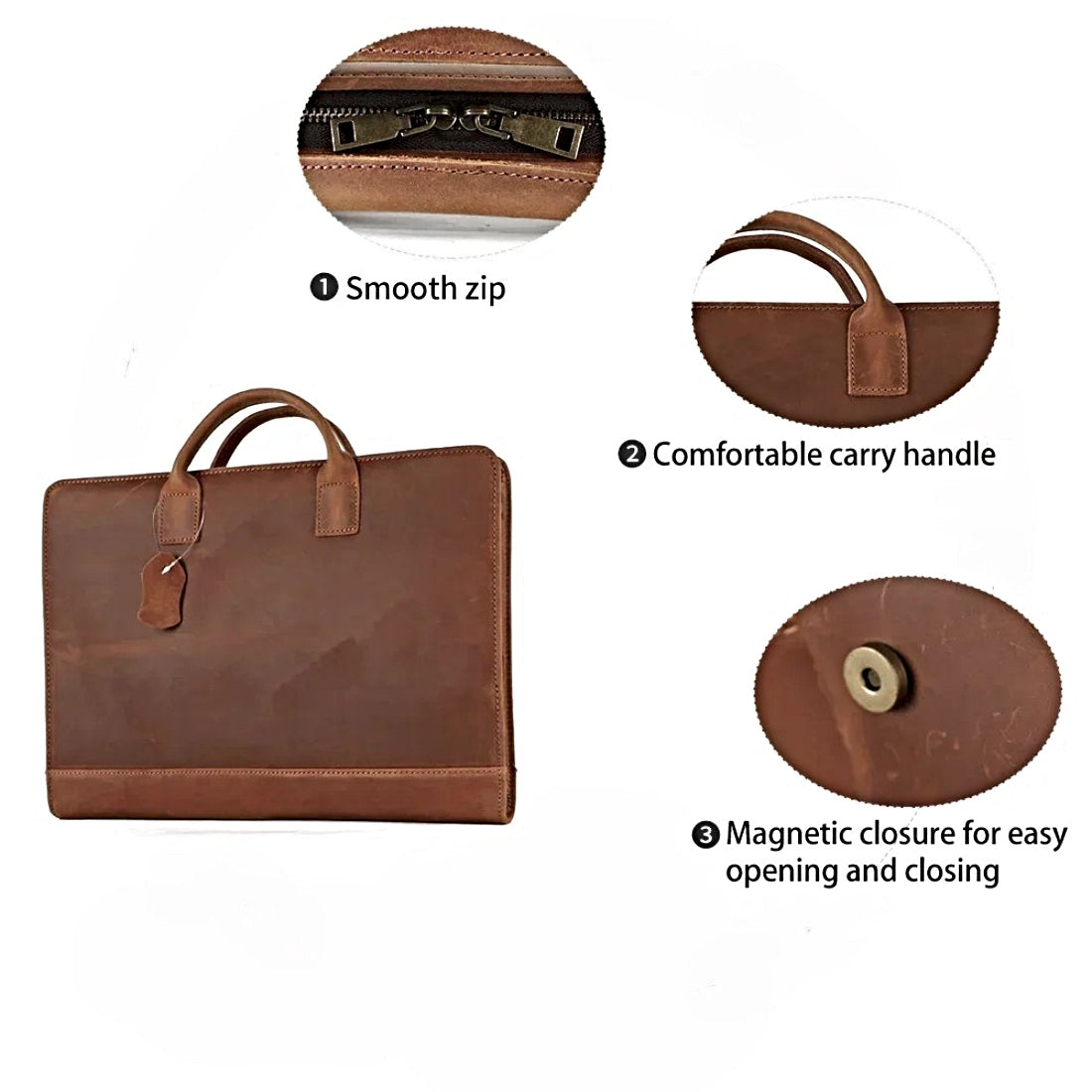 Heritage Ledger Brief brown full grain vintage luxury leather upscale business briefcase details for magnetic closure handles and zipper