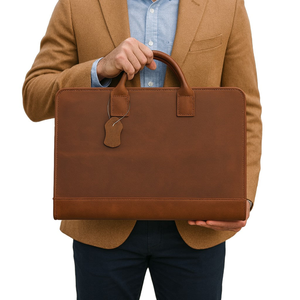 Heritage Ledger Brief brown full grain vintage luxury leather upscale premium business briefcase handheld with model