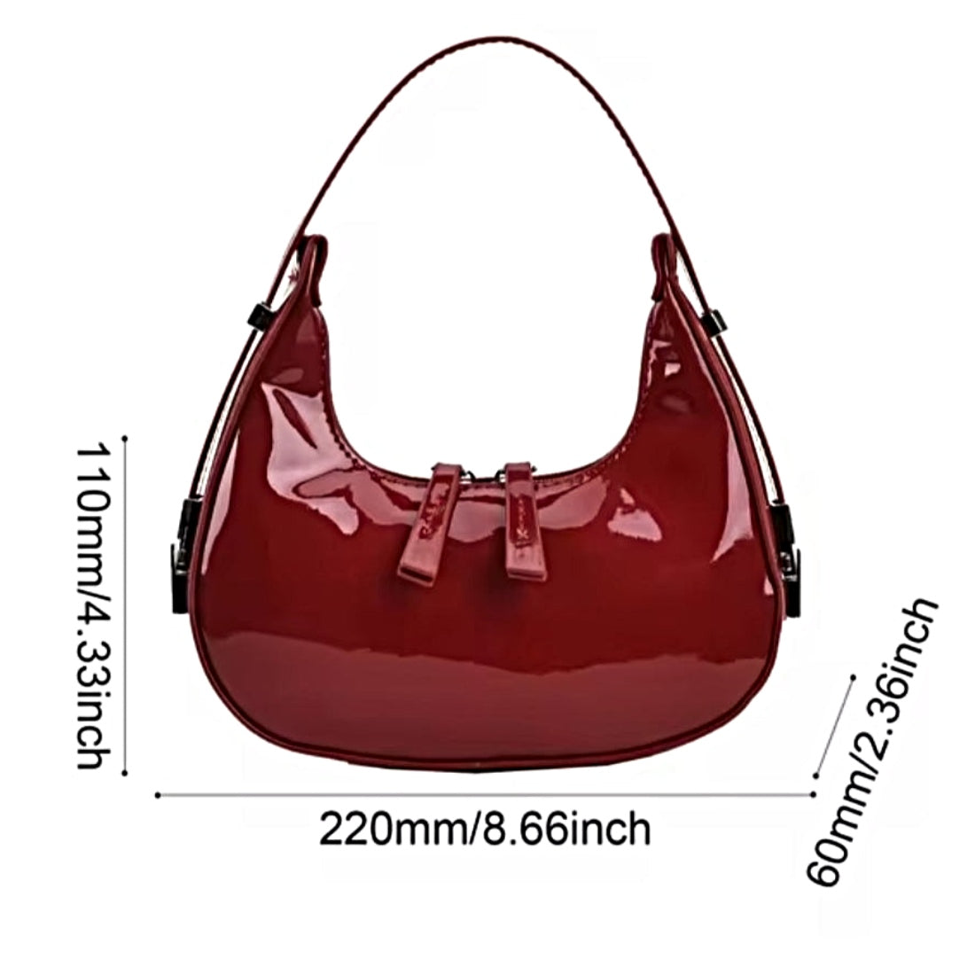Luna Curve Carry luxury bag in glossy red vegan leather with crescent silhouette single shoulder strap and front bow accents shown with labeled dimensions showcasing bold modern silver hardware styling polished premium finish and compact everyday elegance