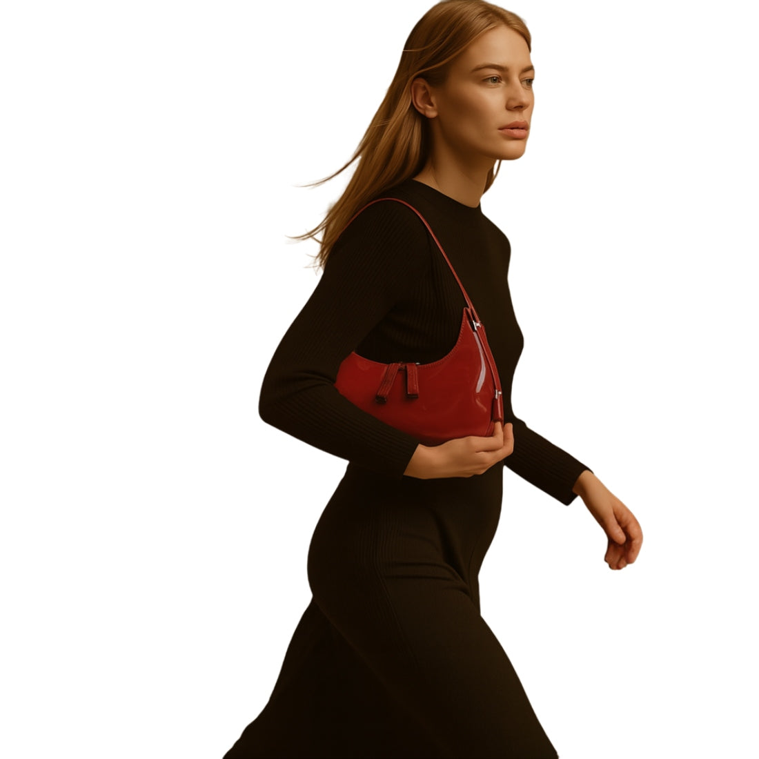 Luna Curve Carry luxury bag in glossy red vegan leather worn by model featuring crescent silhouette shoulder strap and sleek minimalist design showcasing bold modern styling polished premium finish and compact everyday elegance in motion