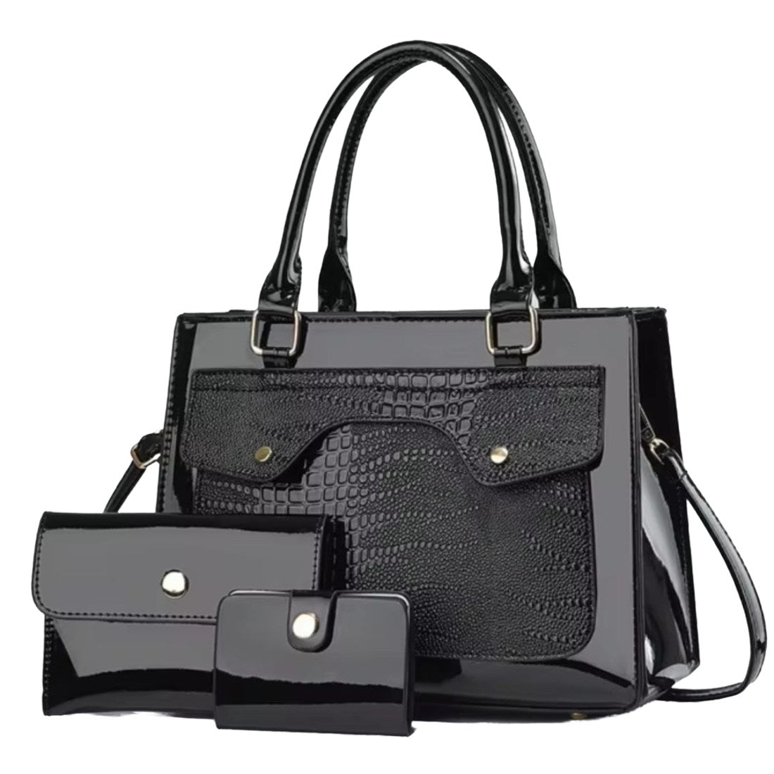 Lustra Luxe Trio luxury vegan leather tote set in black premium alligator croc embossed structured bag with upscale pouch and card holder