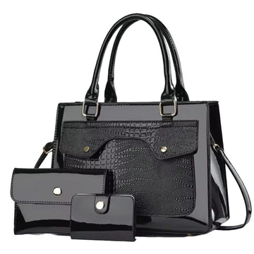Lustra Luxe Trio luxury vegan leather tote set in black premium alligator croc embossed structured bag with upscale pouch and card holder