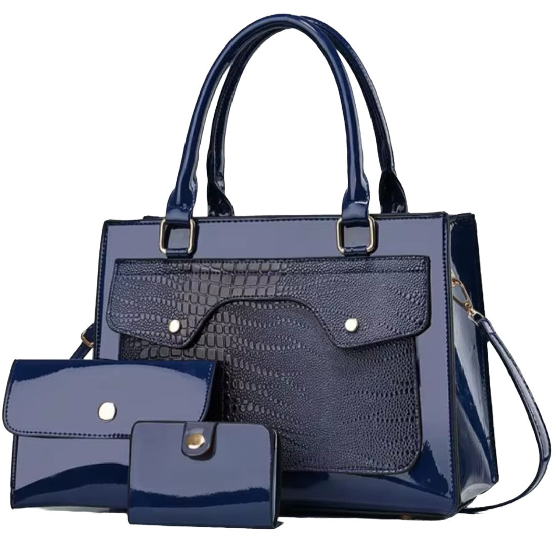 Lustra Luxe Trio in blue premium luxury vegan leather tote set alligator croc embossed polished structure with elegant slim pouch and card holder