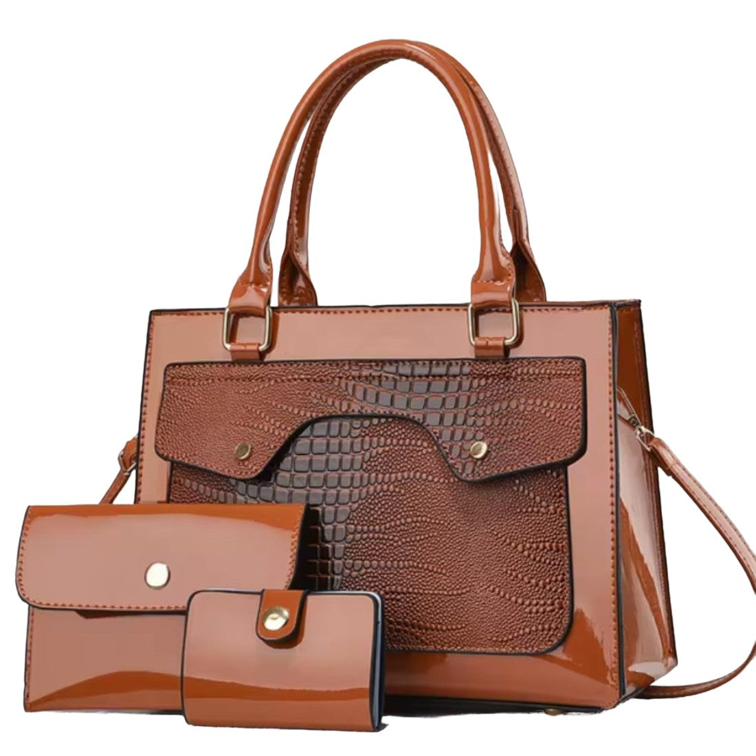 Lustra Luxe Trio luxury vegan leather tote set in brown premium alligator croc embossed structured bag with glossy finish includes upscale pouch and card holder