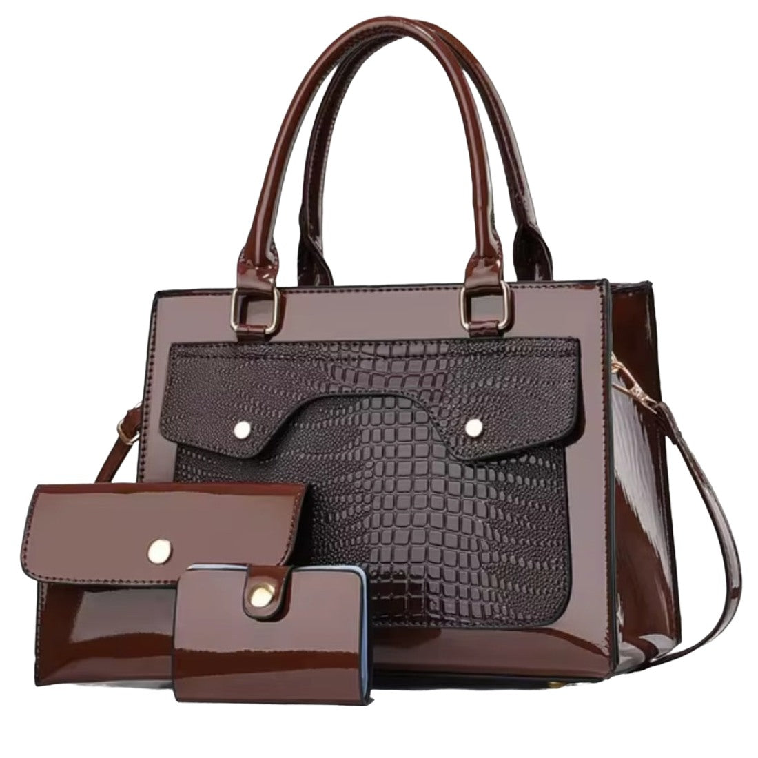 Lustra Luxe Trio in coffee luxury vegan leather tote set alligator croc embossed structured glossy finish with matching upscale pouch and card holder