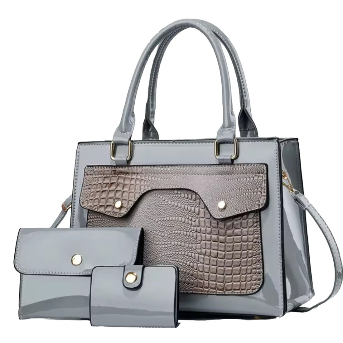 Lustra Luxe Trio in grey elegant vegan leather tote set alligator croc  embossed sleek upscale premium structured design with matching pouch and card holder