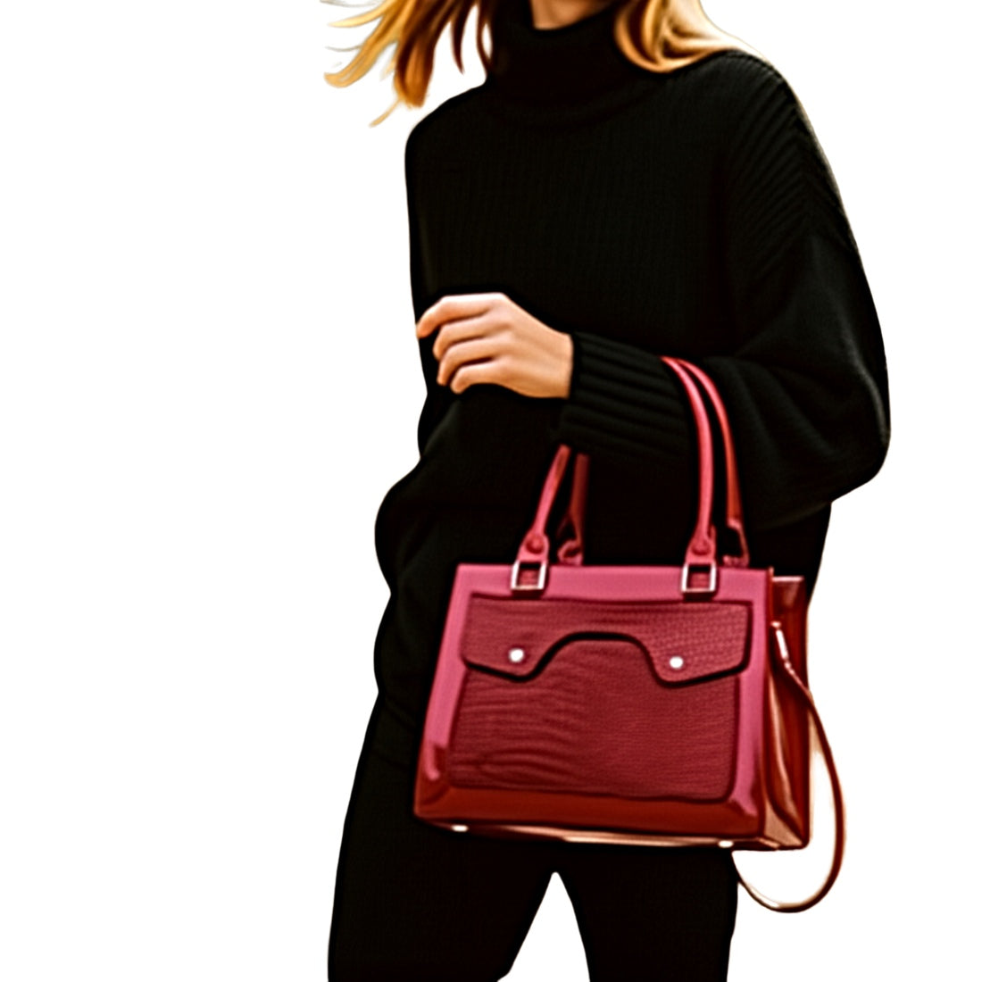 Lustra Luxe Trio in red red luxury vegan leather tote alligator croc embossed upscale structured bag with handles and crossbody strap shown on model