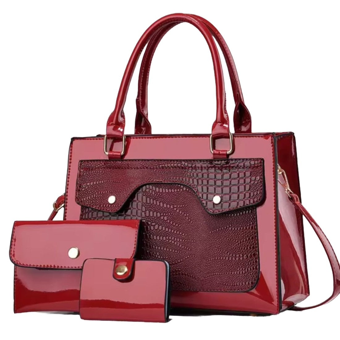 Lustra Luxe Trio in red upscale vegan leather tote set alligator croc embossed high gloss structured tote with matching premium mini pouch and card holder