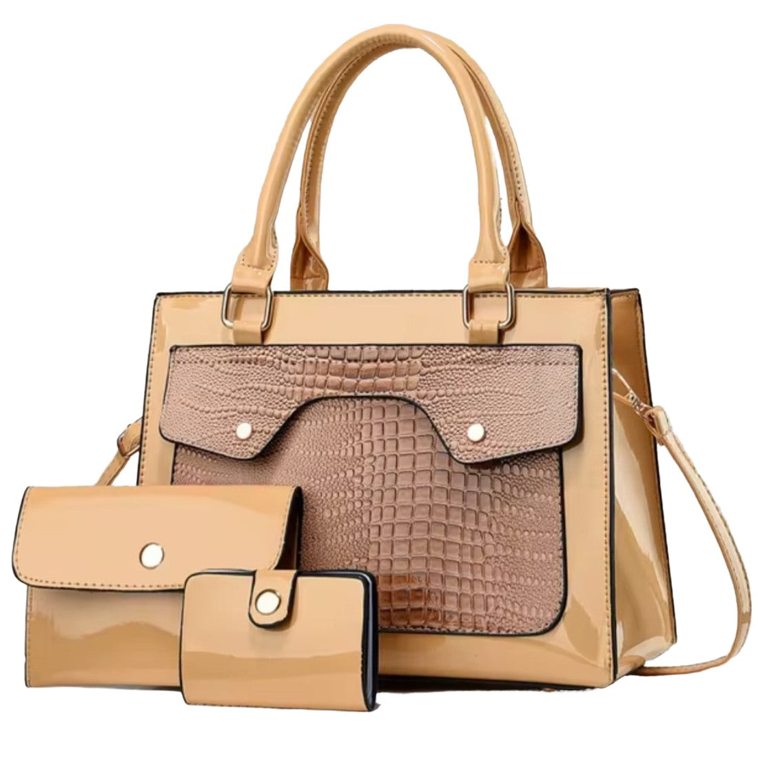 Lustra Luxe Trio in yellow upscale vegan leather tote set alligator croc embossed sturdy premium structured style with coordinated elegant pouch and card holder