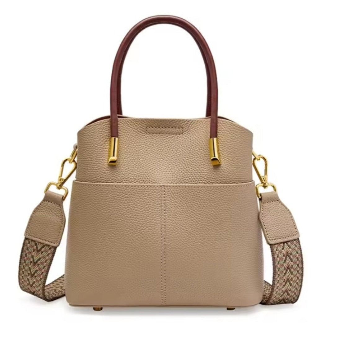 Luxe Bucket Carry beige structured luxury leather handbag with upscale premium woven strap gold accents crossbody tote