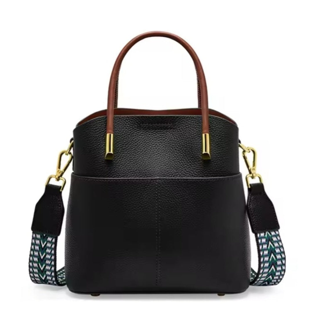 Luxe Bucket Carry black luxury structured premium genuine leather handbag with upscale gold hardware versatile tote crossbody